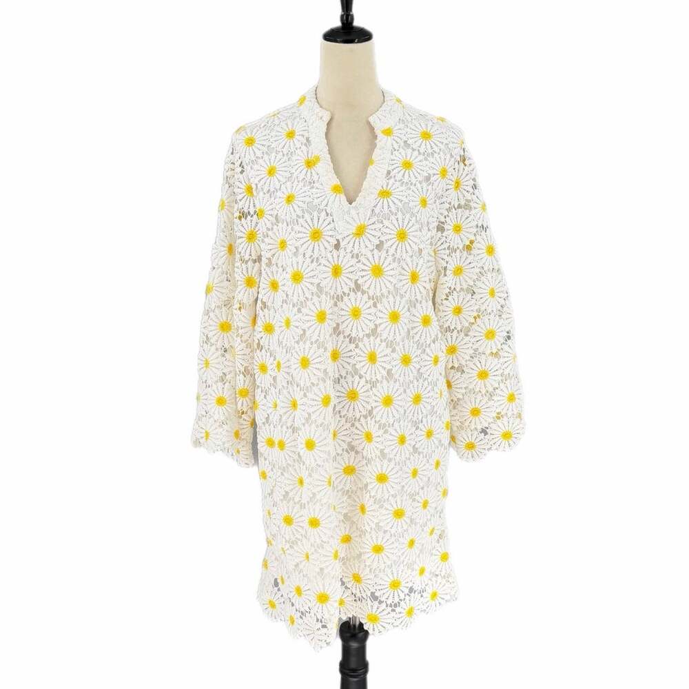 J. Marie White Yellow Daisy Lace Floral Boho Cottagecore Hippie Chic Mini Dress